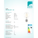 EGLO 11534 | E27 6,5W -> 63W Eglo normál A60 LED fényforrás filament 810lm 2700K 360° CRI>80