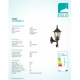 EGLO 22469 | Laterna8 Eglo falikar lámpa mozgásérzékelő 1x E27 IP44 fekete, áttetsző