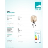 EGLO 43218 | Bordesley Eglo asztali lámpa 40cm vezeték kapcsoló 1x E27 fekete, fa., natúr