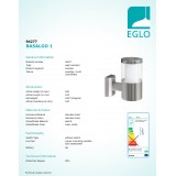 EGLO 94277 | Basalgo-1 Eglo fali lámpa 1x LED 320lm 3000K IP44 nemesacél, rozsdamentes acél, áttetsző, fehér
