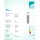 EGLO 94278 | Basalgo-1 Eglo álló lámpa 45cm 1x LED 320lm 3000K IP44 nemesacél, rozsdamentes acél, áttetsző, fehér