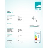 EGLO 94329 | Riccio-1 Eglo csiptetős lámpa vezeték kapcsoló flexibilis 1x GU10 240lm 3000K ezüst, króm, fehér