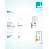 EGLO 94924 | Eglo-Pasteri-W Eglo falikar lámpa kapcsoló 1x E27 matt fehér, matt nikkel