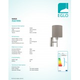 EGLO 94925 | Eglo-Pasteri-T Eglo falikar lámpa kapcsoló 1x E27 matt taupe, fehér, matt nikkel