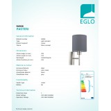 EGLO 94926 | Eglo-Pasteri-G Eglo falikar lámpa kapcsoló 1x E27 matt szürke, fehér, matt nikkel