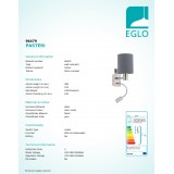 EGLO 96479 | Eglo-Pasteri-G Eglo falikar lámpa kapcsoló flexibilis 1x E27 + 1x LED 380lm matt szürke, fehér, matt nikkel