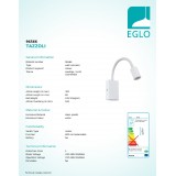 EGLO 96566 | Tazzoli Eglo fali lámpa kapcsoló flexibilis, USB csatlakozó, telefon töltő, mobil töltő 1x LED 380lm 3000K fehér
