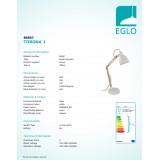 EGLO 96957 | Torona-1 Eglo asztali lámpa 60,5cm vezeték kapcsoló elforgatható alkatrészek 1x E14 fehér, natúr