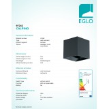 EGLO 97242 | Calpino Eglo fali lámpa négyzet 2x LED 680lm 3000K IP54 antracit