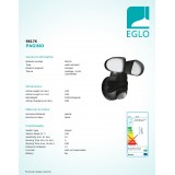 EGLO 98176 | Pagino Eglo falikar lámpa mozgásérzékelő elforgatható alkatrészek 1x LED 1800lm 5000K IP44 fekete
